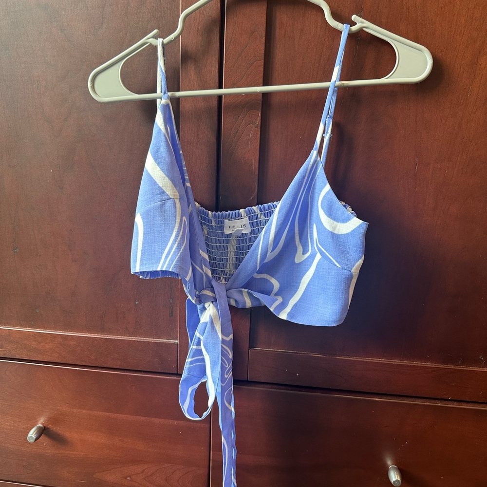 Blue and White Linen Tied Tank